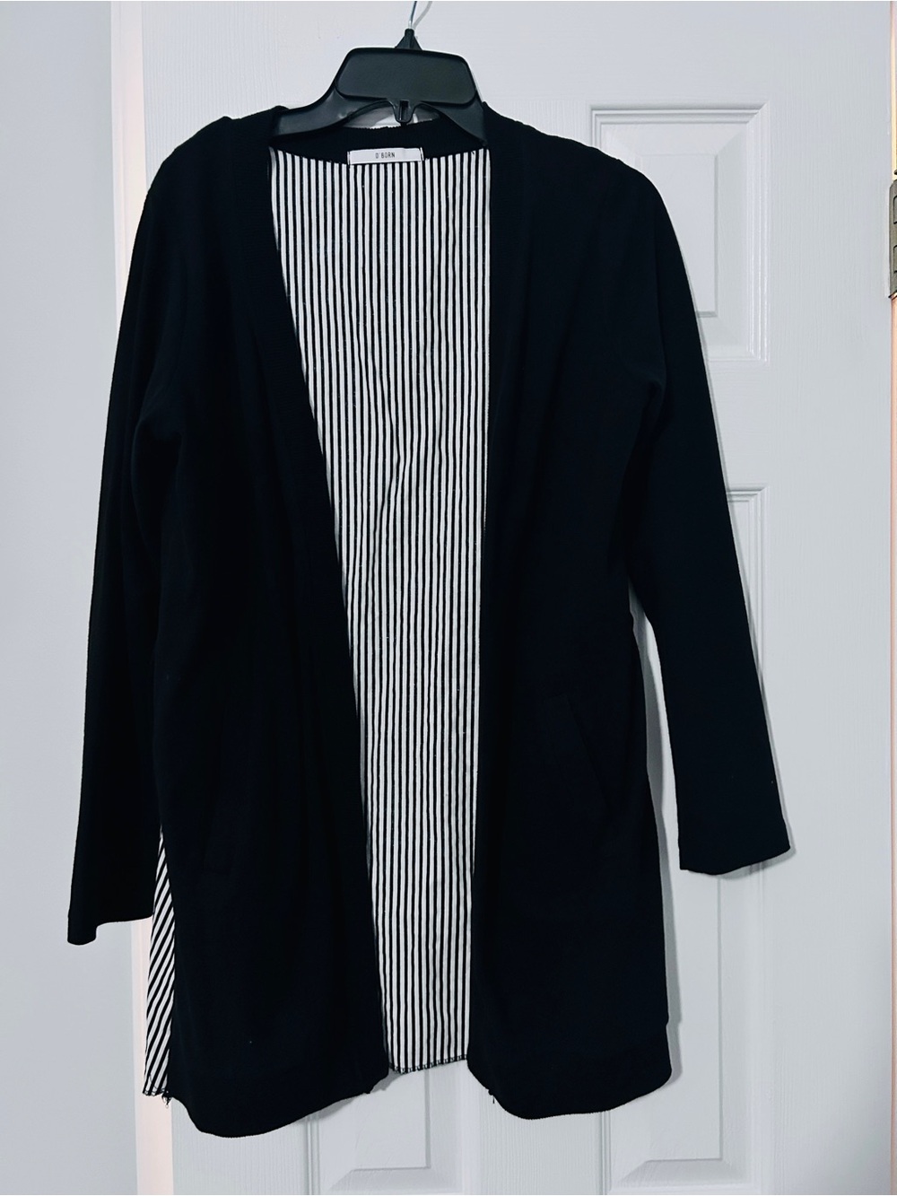 Black Open-Front Cardigan with Striped Lining